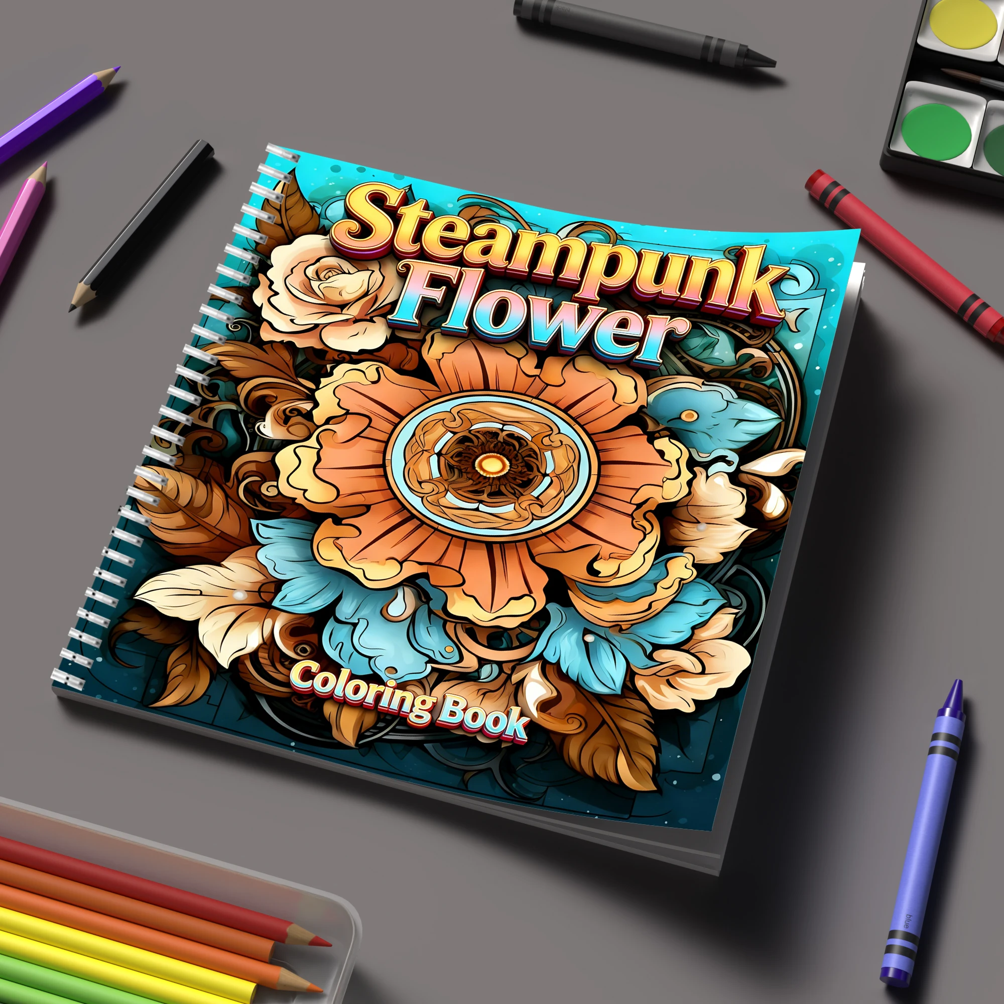 Adult Coloring Book Stress Relief - Yetişkinler için Boyama Kitabı Steampunk Çiçekleri